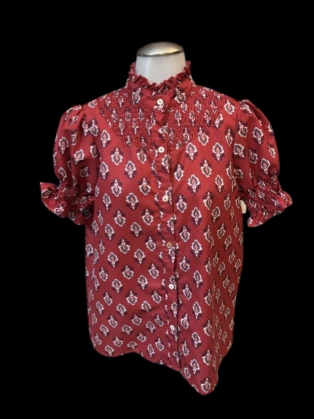 Women's Boho Print Ruffle Neck Blouse Size Medium | Smocked Sleeve Top